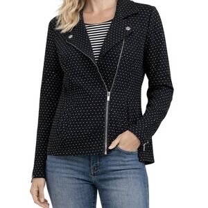 Christopher & Banks Moto Jacket Women P/S Black Polka Dot Zip Up Petite